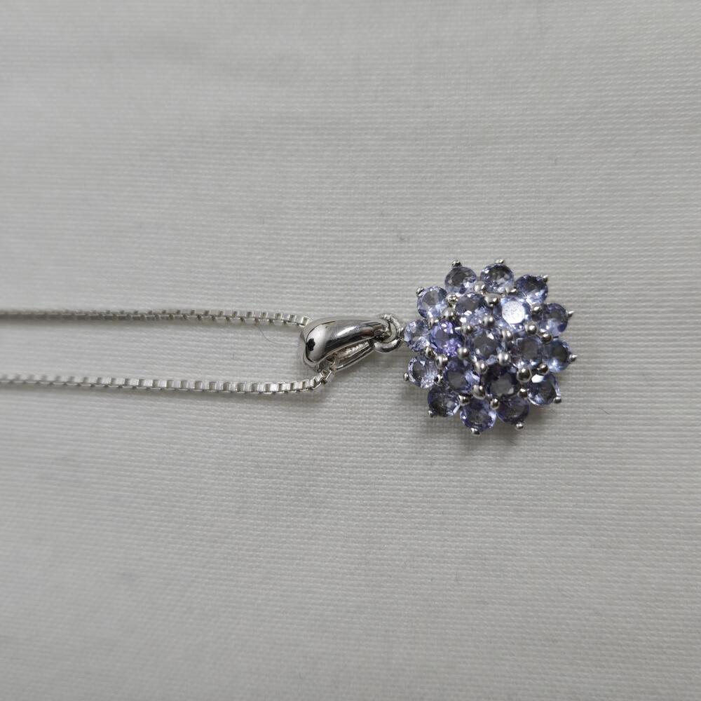 Sterling Silver Blue Gemstone Cluster Pendant Necklace 925 Flower Halo Blue Gem